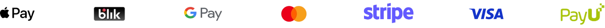 Akceptowane płatności: Apple Pay, BLIK, Google Pay, Mastercard, Stripe, Visa, PayU