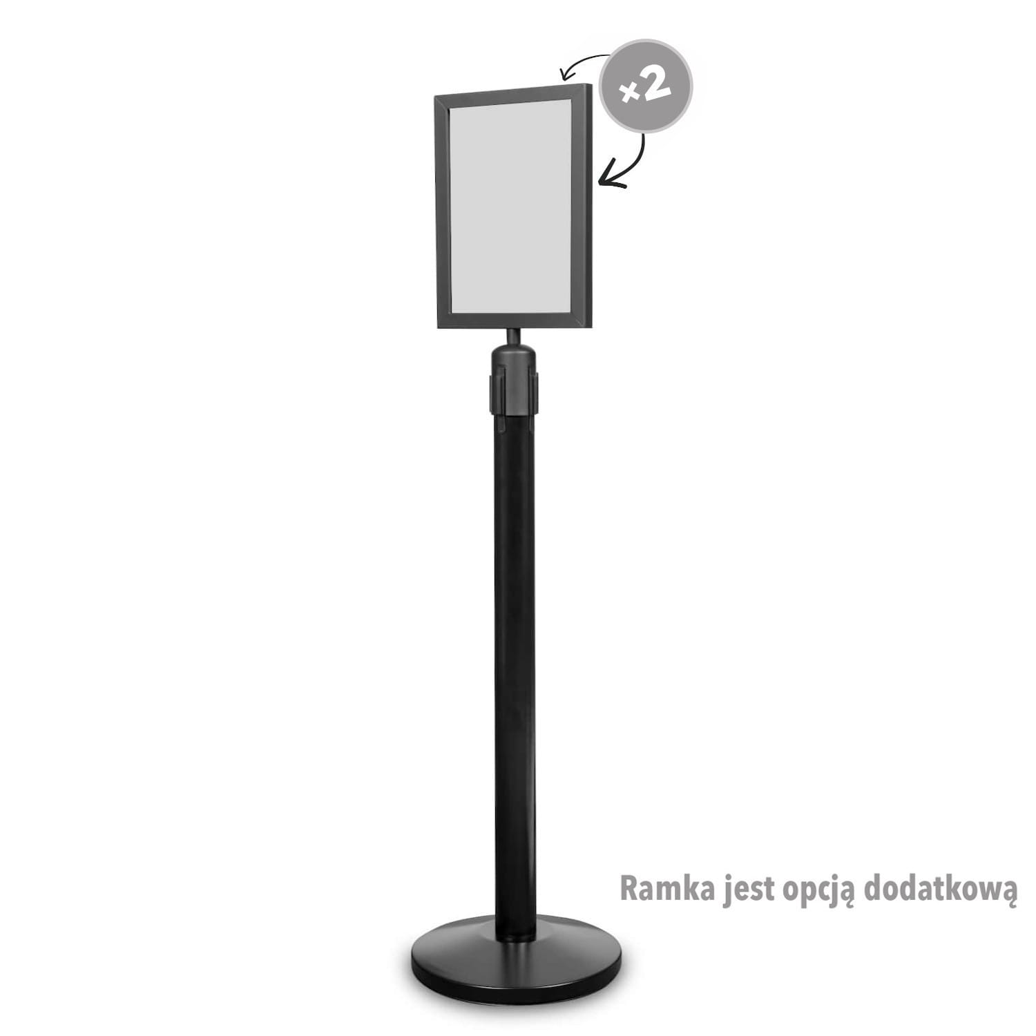 Wariant z ramką A4 - Słupek z taśmą zwijaną 235 cm P-EXTBE - Czarny - Słupek odgradzający hotelowy słupek z taśmą zwijaną do Hotelu do Restauracji do strefy VIP