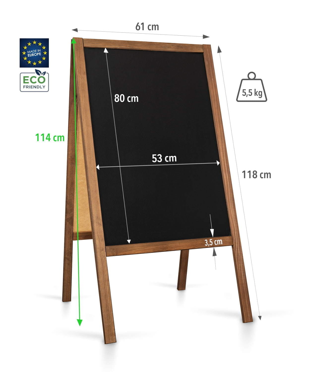 Potykacz informacyjny drewniany dwustronny kredowy L (61 x 118 cm) do pisania stojąca tablica rozpiska wymiarów, produkcja EU