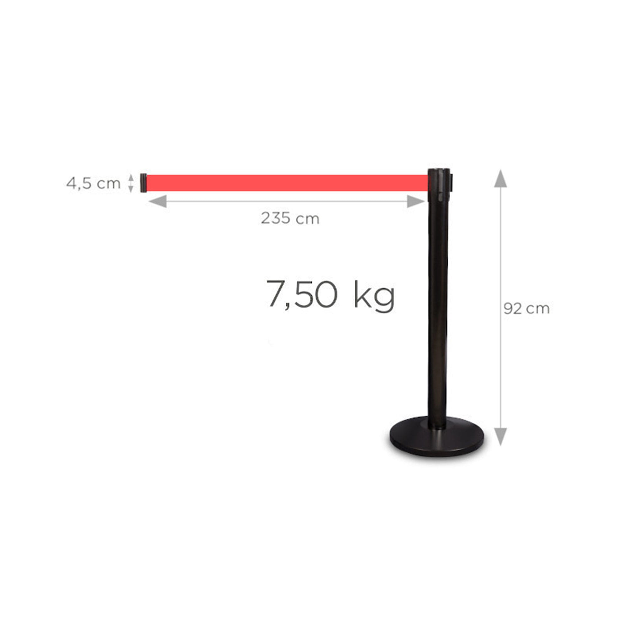 Wymiaru systemu słupkowego z taśmą - Słupek z taśmą zwijaną 235 cm P-EXTBE - Czarny - Słupek odgradzający hotelowy słupek z taśmą zwijaną do Hotelu do Restauracji do strefy VIP
