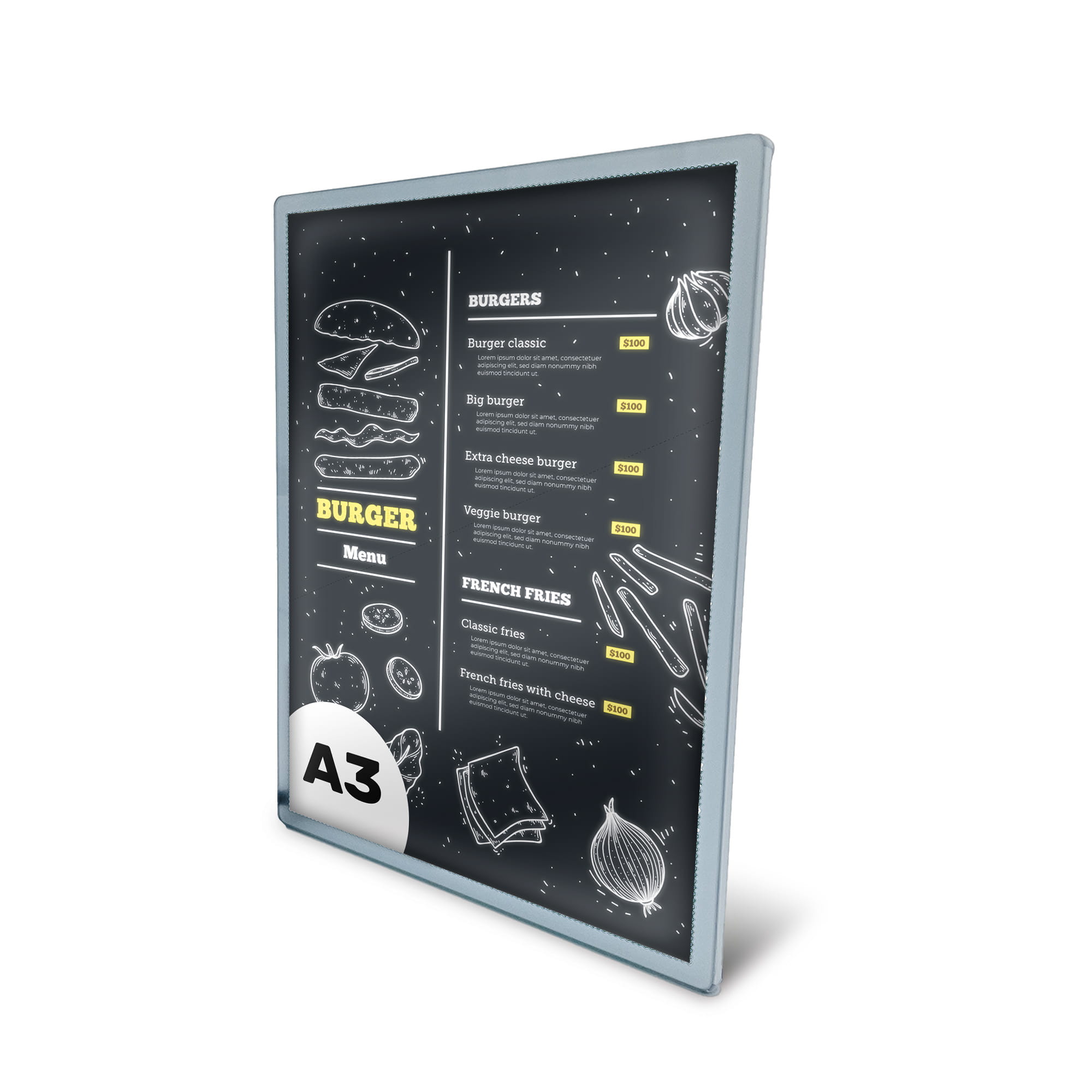 Ramka plakatowa LED podświetlana SUN A3 srebrna na biurko + uchwyty (21,0 x 29,7 cm) rama na plakat zdjęcia obraz podświetlana rama plakatowa