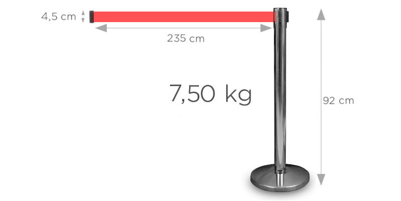 Wymiary słupka z taśmą - Słupek z taśmą zwijaną 235 cm P-EXTBE - Chromowany - Słupek odgradzający hotelowy słupek z taśmą zwijaną do Hotelu do Restauracji do strefy VIP