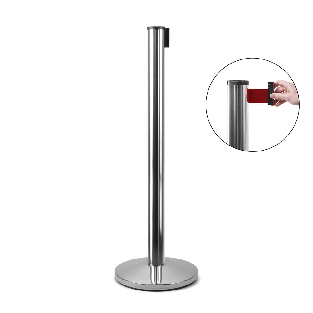 Słupek z taśmą zwijaną 270 cm J-EXTBE - Chrom z czerwoną taśmą - Słupek odgradzający hotelowy słupek z taśmą zwijaną do Hotelu do Restauracji do strefy VIP