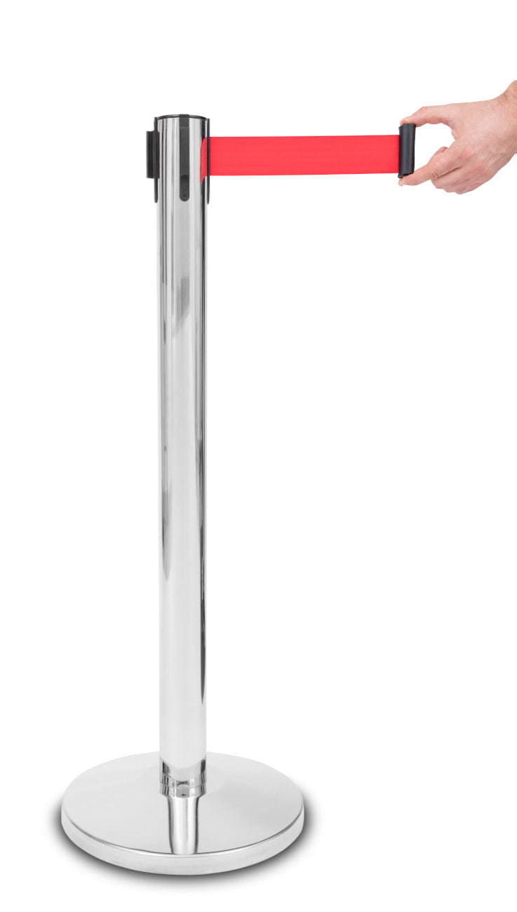 Słupki z taśmą zwijaną czerwoną - Słupek z taśmą zwijaną 235 cm P-EXTBE - Chromowany - Słupek odgradzający hotelowy słupek z taśmą zwijaną do Hotelu do Restauracji do strefy VIP