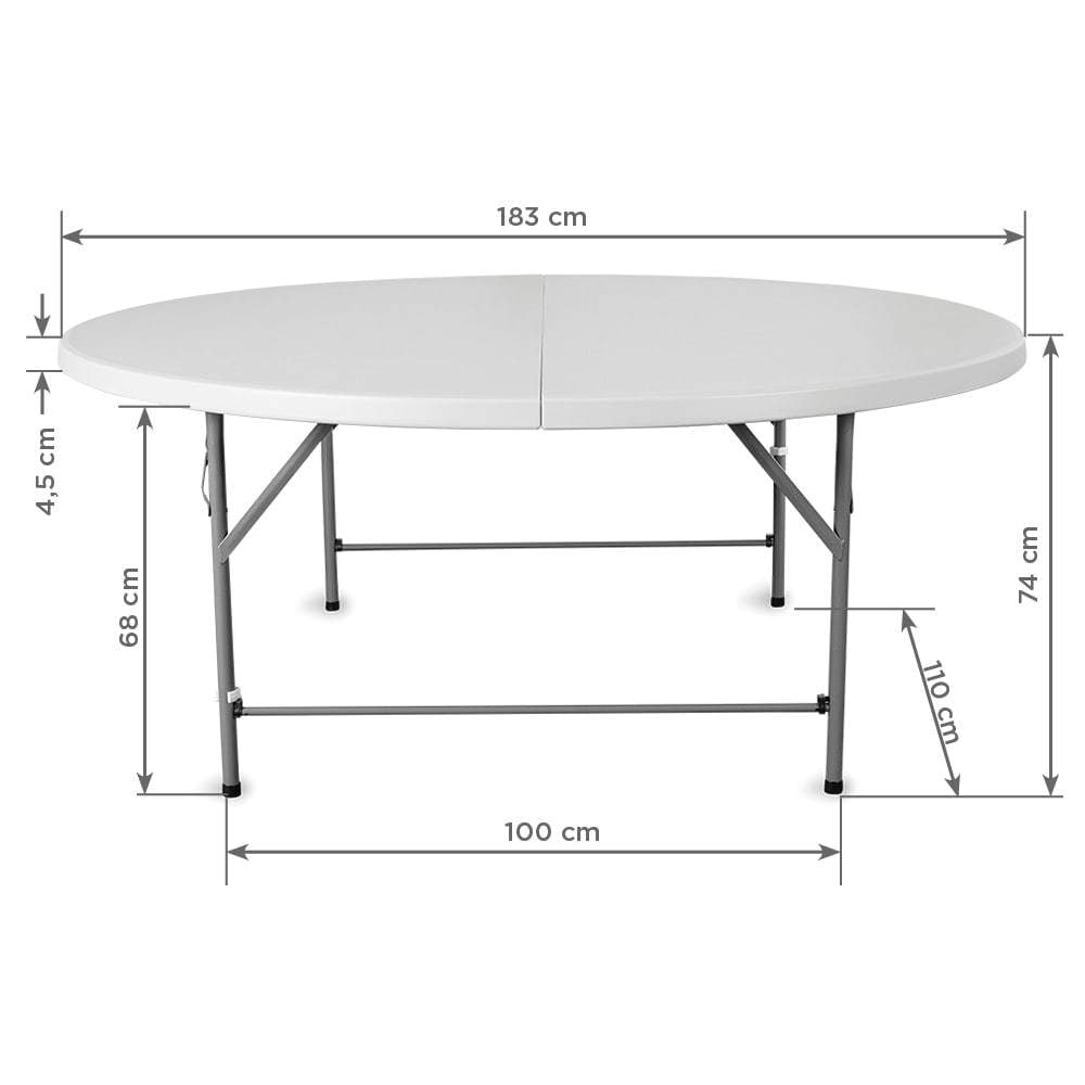 Zdjęcie z wymiarami stołu okrągłego składanego, cateringowego fi 183 cm